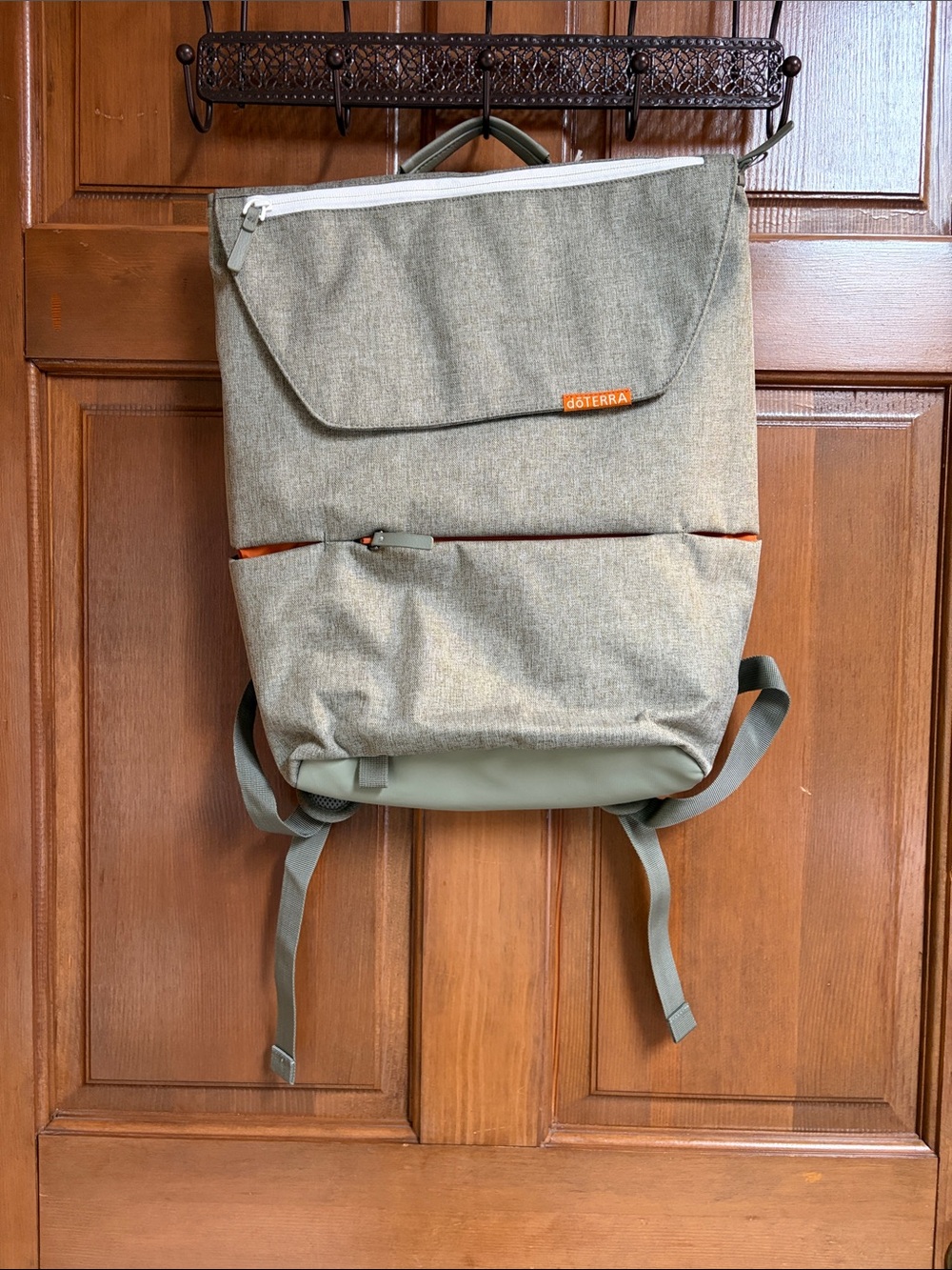 Doterra Olive Green Roll-Top Backpack with Orange Accent